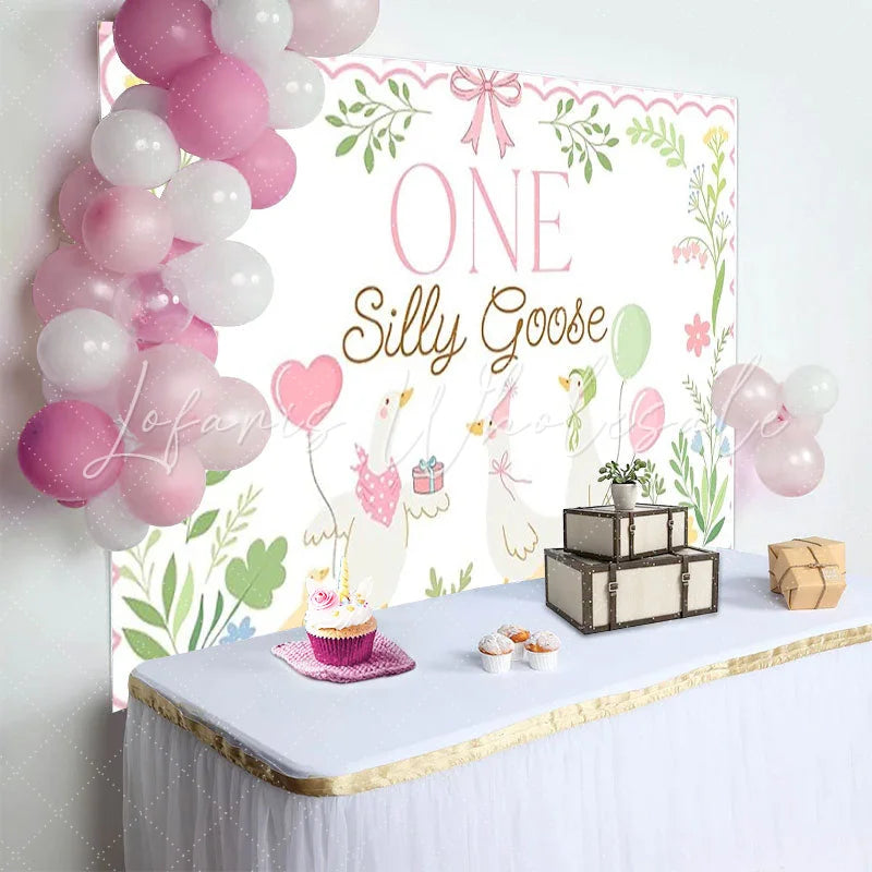 Lofaris Pink ONE Silly Goose Birthday Backdrop with Cute Geese and Balloons Whimsical First Birthday Party Decor