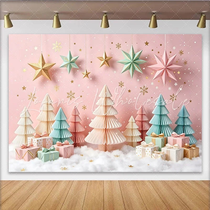 Lofaris Pink Pastel Christmas Backdrop with Paper Trees and Hanging Stars Elegant Winter Holiday Background for Photoshoot