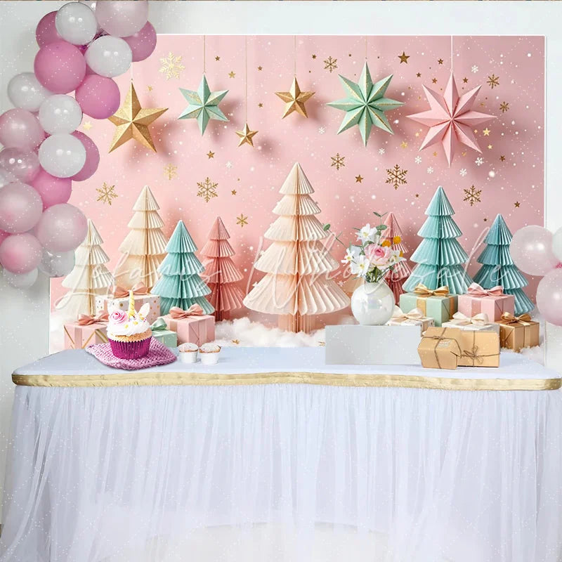 Lofaris Pink Pastel Christmas Backdrop with Paper Trees and Hanging Stars Elegant Winter Holiday Background for Photoshoot