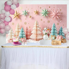 Lofaris Pink Pastel Christmas Backdrop with Paper Trees and Hanging Stars Elegant Winter Holiday Background for Photoshoot