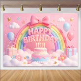 Lofaris Pink Pastel Rainbow Birthday Backdrop with Cute Clouds and Balloons Sweet Cake and Star Decor Background for Girls Party Photoshoot