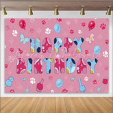 Lofaris Pink Paw Prints Happy Birthday Backdrop Cute Puppy Theme Balloons Party Background