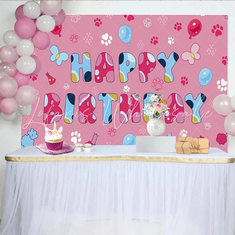 Lofaris Pink Paw Prints Happy Birthday Backdrop Cute Puppy Theme Balloons Party Background