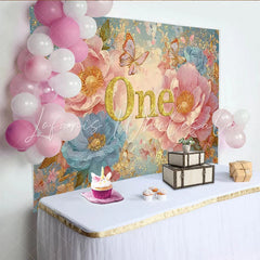 Lofaris Pink Peony First Birthday Photography Backdrop Glitter ONE and Blue Floral Photo Background