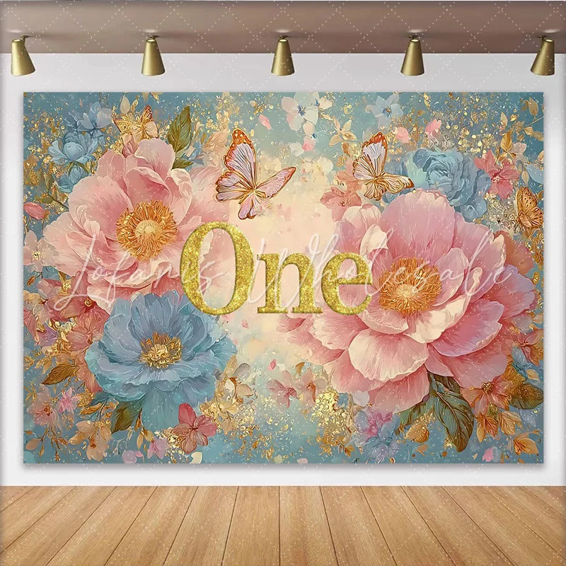 Lofaris Pink Peony First Birthday Photography Backdrop Glitter ONE and Blue Floral Photo Background
