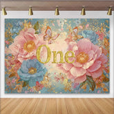 Lofaris Pink Peony First Birthday Photography Backdrop Glitter ONE and Blue Floral Photo Background