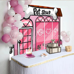 Lofaris Pink Pet Shop Cartoon Birthday Backdrop with Dog and Cat Adorable Animal Theme Party Decor for Children’s Photoshoot