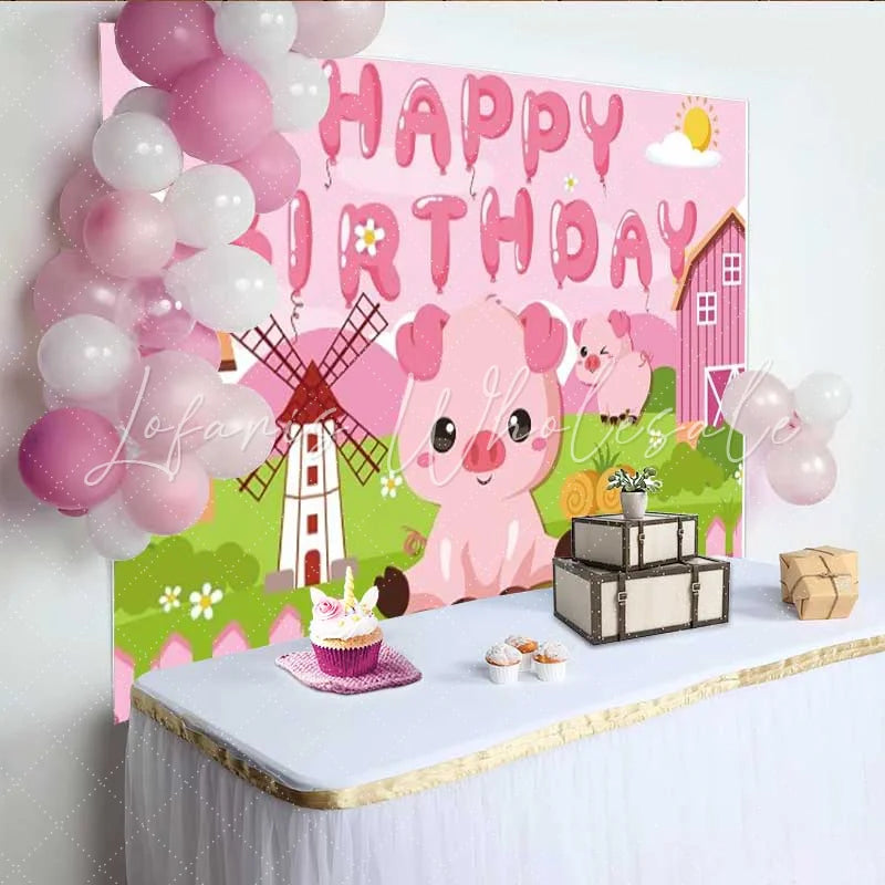Lofaris Pink Pig Farm Birthday Backdrop Cute Piggy and Windmill Party Decoration for Little Girls