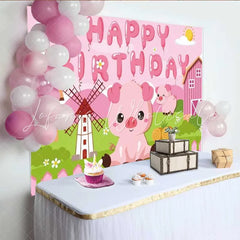Lofaris Pink Pig Farm Birthday Backdrop Cute Piggy and Windmill Party Decoration for Little Girls