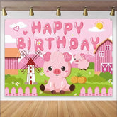 Lofaris Pink Pig Farm Birthday Backdrop Cute Piggy and Windmill Party Decoration for Little Girls