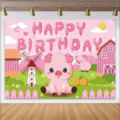 Lofaris Pink Pig Farm Birthday Backdrop Cute Piggy and Windmill Party Decoration for Little Girls