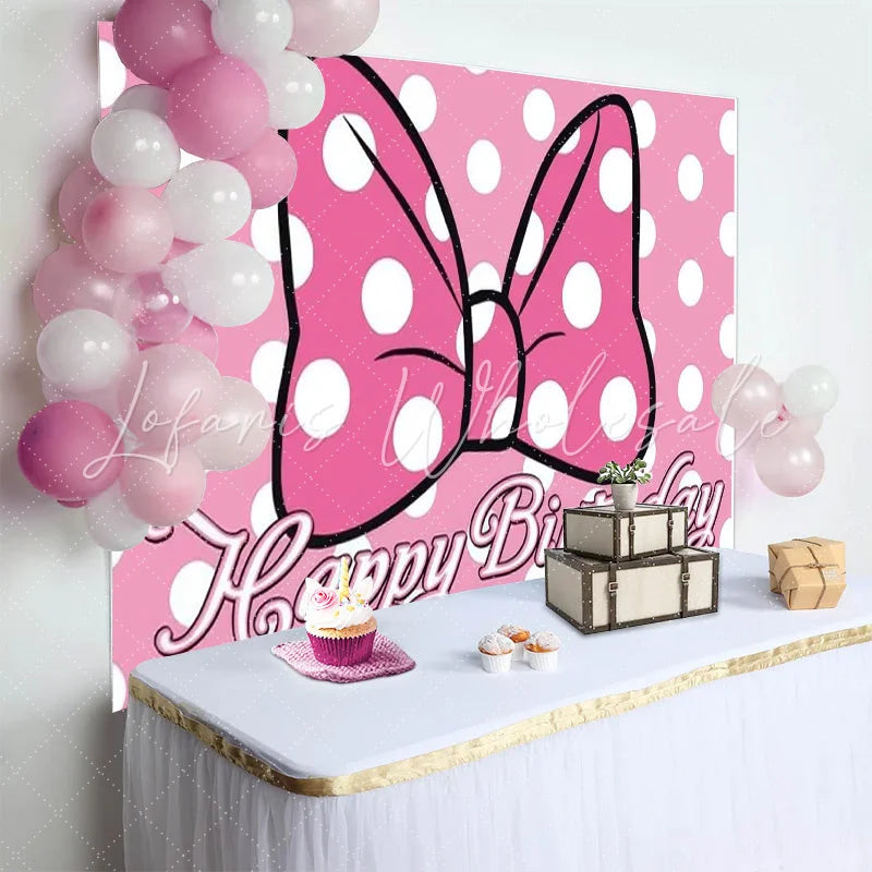 Lofaris Pink Polka Dot Birthday Backdrop Cartoon Mouse Bow Happy Birthday Background for Girl Cute Princess Party Banner