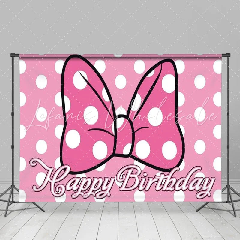Lofaris Pink Polka Dot Birthday Backdrop Cartoon Mouse Bow Happy Birthday Background for Girl Cute Princess Party Banner