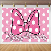 Lofaris Pink Polka Dot Birthday Backdrop Cartoon Mouse Bow Happy Birthday Background for Girl Cute Princess Party Banner
