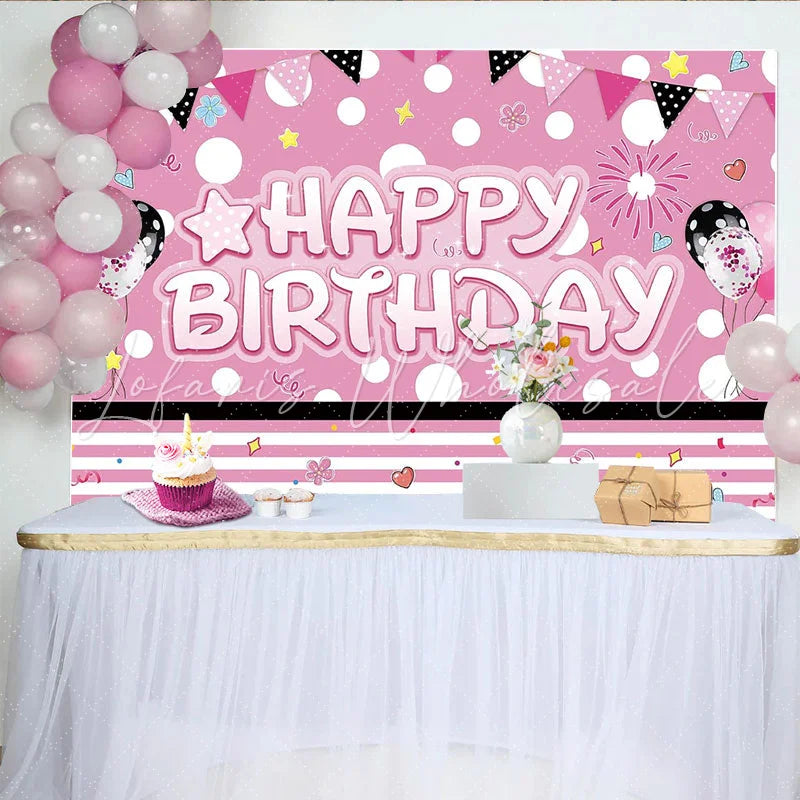 Lofaris Pink Polka Dot Happy Birthday Party Backdrop with Balloons and Bunting Festive Photo Background for Girls Celebration