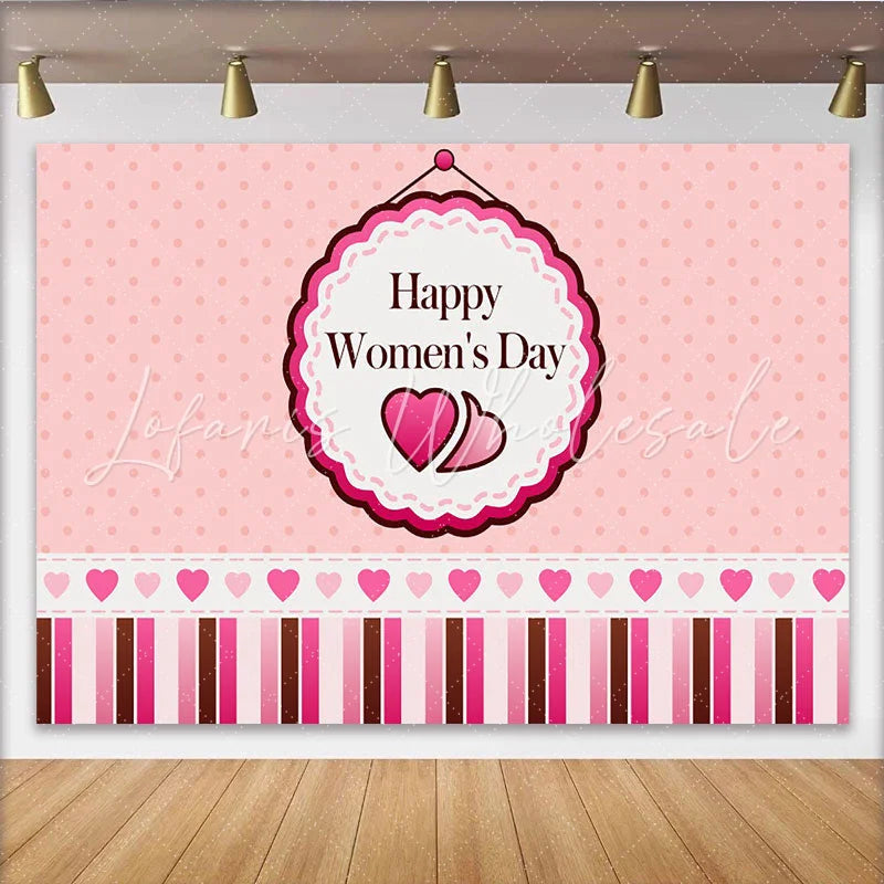 Lofaris Pink Polka Dot Happy Womens Day Backdrop Heart and Stripes Celebration Background