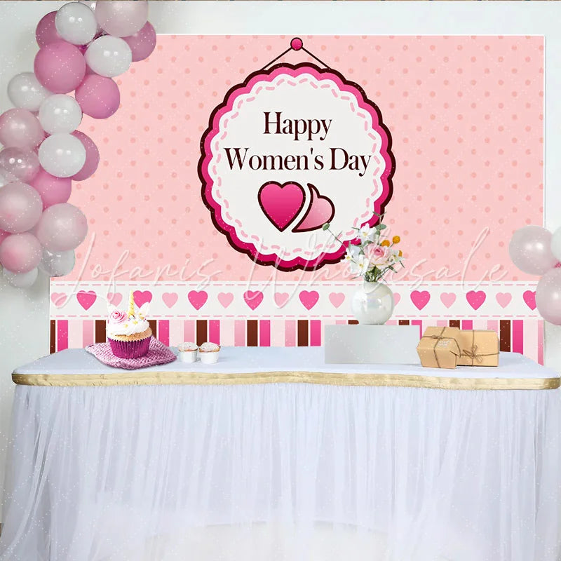 Lofaris Pink Polka Dot Happy Womens Day Backdrop Heart and Stripes Celebration Background