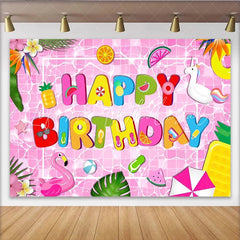 Lofaris Pink Pool Party Birthday Backdrop with Colorful Letters and Floats Vibrant Tropical Photo Background for Kids Party Decor