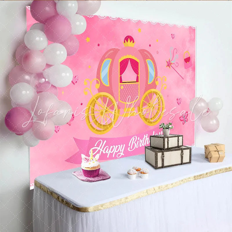 Lofaris Pink Princess Carriage Birthday Backdrop Magical Fairy Tale Party Background with Butterfly and Wand