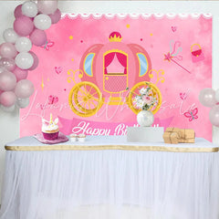 Lofaris Pink Princess Carriage Birthday Backdrop Magical Fairy Tale Party Background with Butterfly and Wand