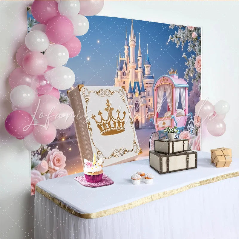 Lofaris Pink Princess Castle Birthday Backdrop with Carriage and Roses Fairytale Photography Background for Girls Party Decor