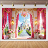 Lofaris Pink Princess Castle Birthday Backdrop with Golden Archway and Rose Chandelier Enchanted Garden Photography for Girls