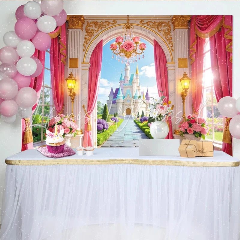 Lofaris Pink Princess Castle Birthday Backdrop with Golden Archway and Rose Chandelier Enchanted Garden Photography for Girls