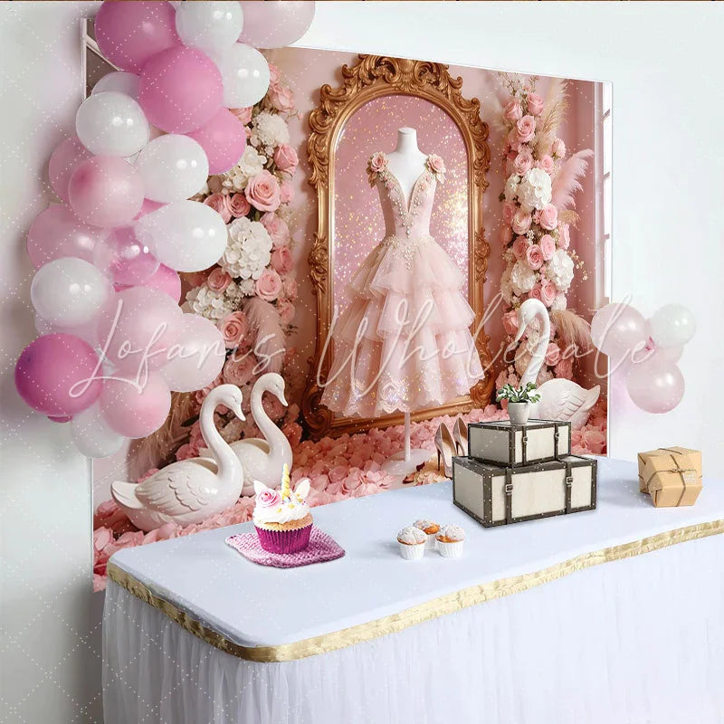 Lofaris Pink Princess Photography Backdrop with Golden Mirror and Swans Elegant Floral Background for Girls Party Photoshoot
