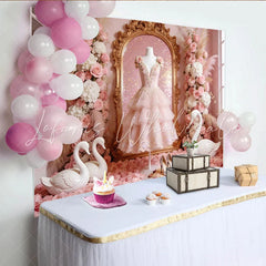 Lofaris Pink Princess Photography Backdrop with Golden Mirror and Swans Elegant Floral Background for Girls Party Photoshoot