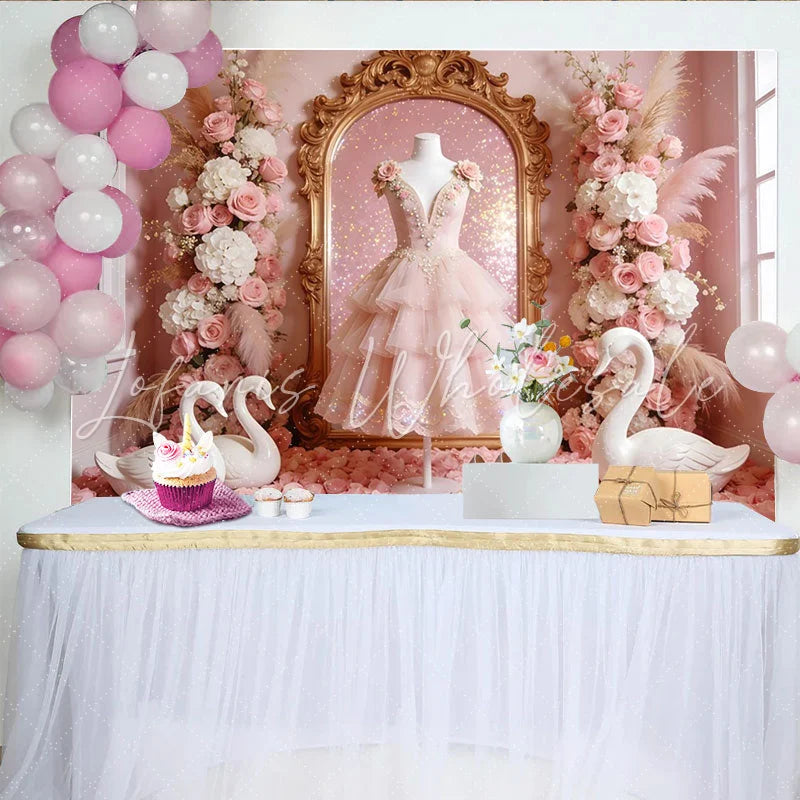 Lofaris Pink Princess Photography Backdrop with Golden Mirror and Swans Elegant Floral Background for Girls Party Photoshoot