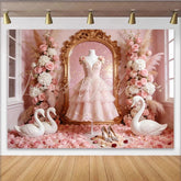 Lofaris Pink Princess Photography Backdrop with Golden Mirror and Swans Elegant Floral Background for Girls Party Photoshoot