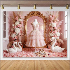 Lofaris Pink Princess Photography Backdrop with Golden Mirror and Swans Elegant Floral Background for Girls Party Photoshoot