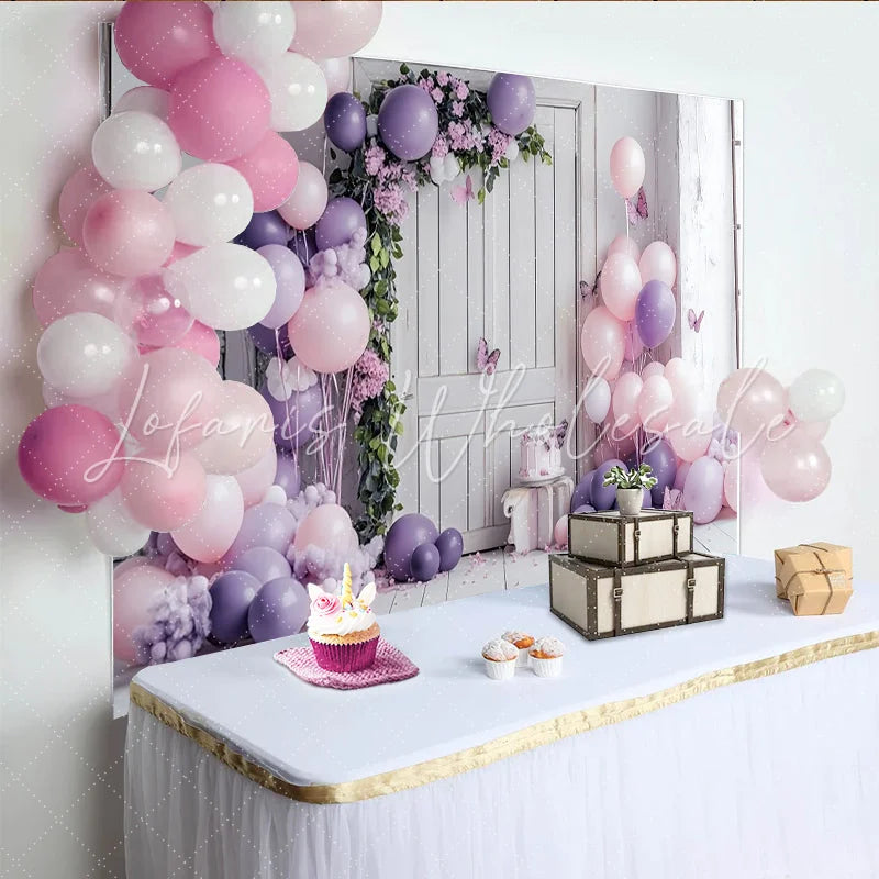Lofaris Pink Purple Balloon Birthday Backdrop with Floral Arch and Butterflies Elegant Photo Background for Girl Party Decoration