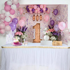 Lofaris Pink Purple Balloon First Birthday Backdrop Floral Wallpaper Wooden Number One Photography Background
