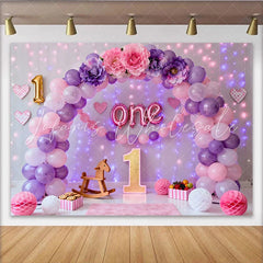 Lofaris Pink Purple Balloon First Birthday Cake Smash Backdrop Floral ONE Foil Letters Girl Party Background