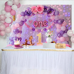 Lofaris Pink Purple Balloon First Birthday Cake Smash Backdrop Floral ONE Foil Letters Girl Party Background