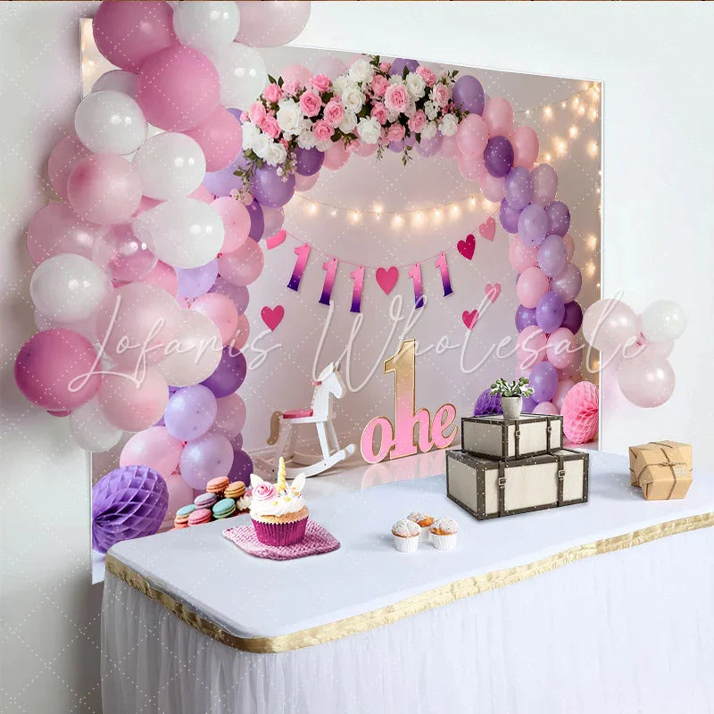 Lofaris Pink Purple Balloon First Birthday Cake Smash Backdrop Floral ONE Sign Fairy Light Girl Party Background