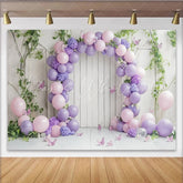 Lofaris Pink Purple Balloon Floral Birthday Backdrop for Girls Whimsical Wooden Wall Background for Party Decor