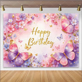Lofaris Pink Purple Butterfly Floral Birthday Backdrop with Glitter Watercolor Flower Photography Background for Girls Party Decor