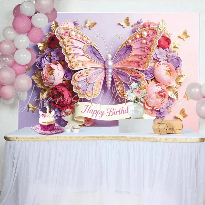 Lofaris Pink Purple Butterfly Floral Birthday Backdrop with Pearls and Gold Elegant Party Background for Girls Celebration