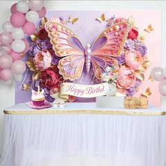 Lofaris Pink Purple Butterfly Floral Birthday Backdrop with Pearls and Gold Elegant Party Background for Girls Celebration