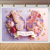 Lofaris Pink Purple Butterfly Floral Birthday Backdrop with Pearls and Gold Elegant Party Background for Girls Celebration