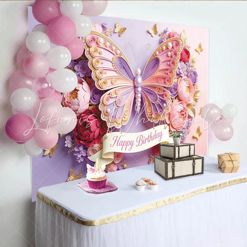 Lofaris Pink Purple Butterfly Floral Birthday Backdrop with Pearls and Gold Elegant Party Background for Girls Celebration