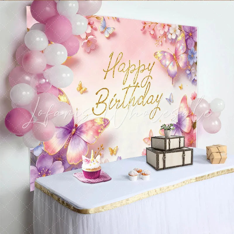 Lofaris Pink Purple Butterfly Floral Happy Birthday Backdrop with Glitter Elegant Party Background for Girls Photoshoots and Decor