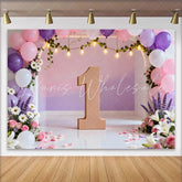 Lofaris Pink Purple Floral Balloon Arch Backdrop First Birthday Wooden Number One Photography Background for Girl