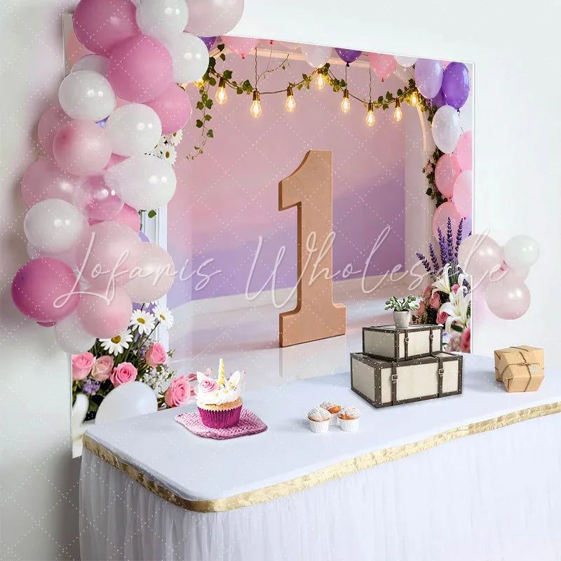 Lofaris Pink Purple Floral Balloon Arch Backdrop First Birthday Wooden Number One Photography Background for Girl