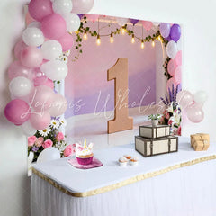 Lofaris Pink Purple Floral Balloon Arch Backdrop First Birthday Wooden Number One Photography Background for Girl