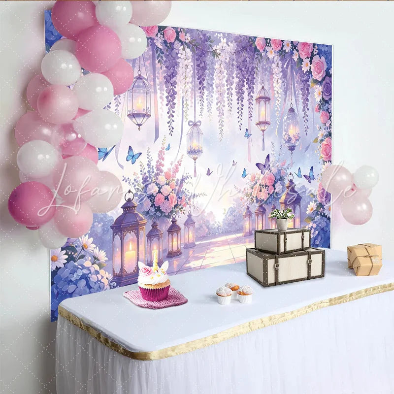 Lofaris Pink Purple Floral Photography Backdrop with Wisteria and Lanterns Dreamy Elegant Background for Wedding Photoshoot