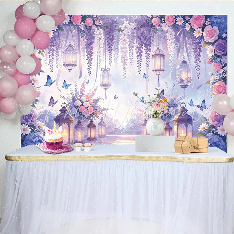 Lofaris Pink Purple Floral Photography Backdrop with Wisteria and Lanterns Dreamy Elegant Background for Wedding Photoshoot