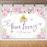 Lofaris Pink Purple Floral Princess 4th Birthday Backdrop with Golden Castle Glittery four Ever A Princess Background for Girls Party Decor